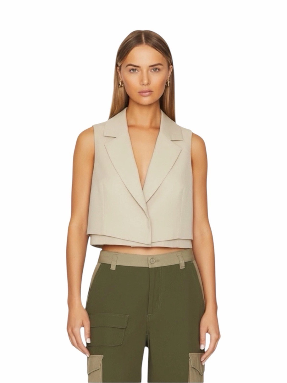 L'Academie Revolve Cropped Blazer Vest Cream Twill Hidden Snap Flap Top Size XS
